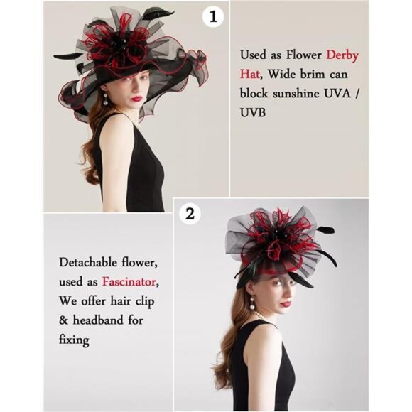 Women Organza Church Tea Party Hats Floral Black Red main image 7